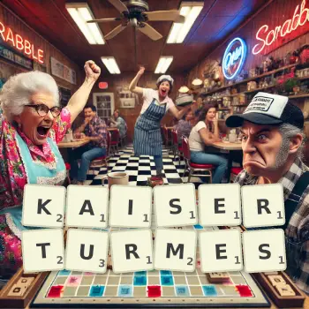 Kreative Illustration für ein Scrabble-Spiel, bei dem das Wort KAISERTURMES mit Steinen auf dem Brett gelegt wurde.