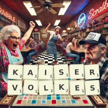 Kreative Illustration für ein Scrabble-Spiel, bei dem das Wort KAISERVOLKES mit Steinen auf dem Brett gelegt wurde.