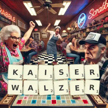 Kreative Illustration für ein Scrabble-Spiel, bei dem das Wort KAISERWALZER mit Steinen auf dem Brett gelegt wurde.