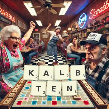 Kreative Illustration für ein Scrabble-Spiel, bei dem das Wort KALBTEN mit Steinen auf dem Brett gelegt wurde.
