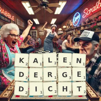 Kreative Illustration für ein Scrabble-Spiel, bei dem das Wort KALENDERGEDICHT mit Steinen auf dem Brett gelegt wurde.