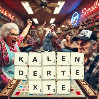Kreative Illustration für ein Scrabble-Spiel, bei dem das Wort KALENDERTEXTE mit Steinen auf dem Brett gelegt wurde.