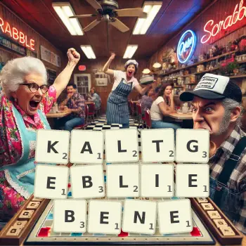 Kreative Illustration für ein Scrabble-Spiel, bei dem das Wort KALTGEBLIEBENE mit Steinen auf dem Brett gelegt wurde.