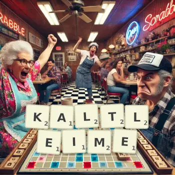 Kreative Illustration für ein Scrabble-Spiel, bei dem das Wort KALTLEIME mit Steinen auf dem Brett gelegt wurde.