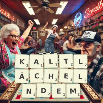 Kreative Illustration für ein Scrabble-Spiel, bei dem das Wort KALTLÄCHELNDEM mit Steinen auf dem Brett gelegt wurde.