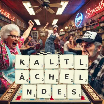 Kreative Illustration für ein Scrabble-Spiel, bei dem das Wort KALTLÄCHELNDES mit Steinen auf dem Brett gelegt wurde.