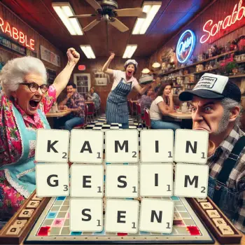 Kreative Illustration für ein Scrabble-Spiel, bei dem das Wort KAMINGESIMSEN mit Steinen auf dem Brett gelegt wurde.