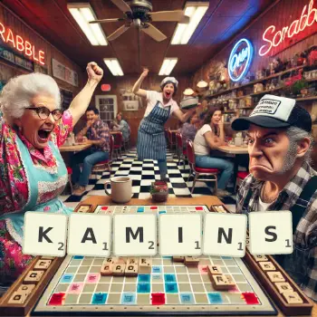 Kreative Illustration für ein Scrabble-Spiel, bei dem das Wort KAMINS mit Steinen auf dem Brett gelegt wurde.