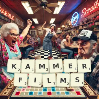 Kreative Illustration für ein Scrabble-Spiel, bei dem das Wort KAMMERFILMS mit Steinen auf dem Brett gelegt wurde.