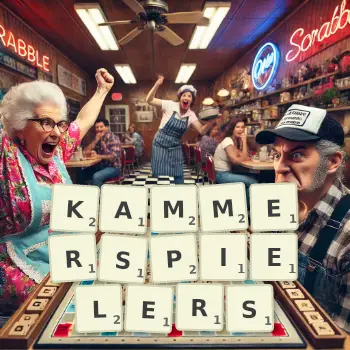 Kreative Illustration für ein Scrabble-Spiel, bei dem das Wort KAMMERSPIELERS mit Steinen auf dem Brett gelegt wurde.