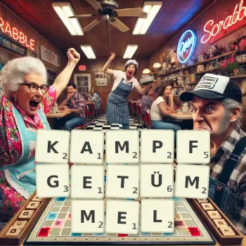 Kreative Illustration für ein Scrabble-Spiel, bei dem das Wort KAMPFGETÜMMEL mit Steinen auf dem Brett gelegt wurde.