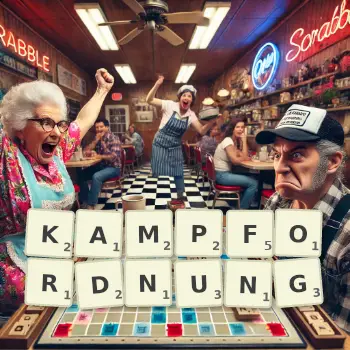 Kreative Illustration für ein Scrabble-Spiel, bei dem das Wort KAMPFORDNUNG mit Steinen auf dem Brett gelegt wurde.