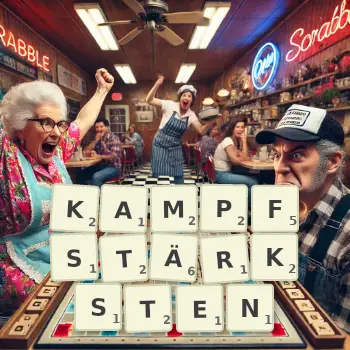 Kreative Illustration für ein Scrabble-Spiel, bei dem das Wort KAMPFSTÄRKSTEN mit Steinen auf dem Brett gelegt wurde.