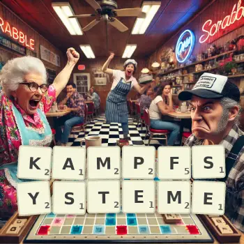 Kreative Illustration für ein Scrabble-Spiel, bei dem das Wort KAMPFSYSTEME mit Steinen auf dem Brett gelegt wurde.