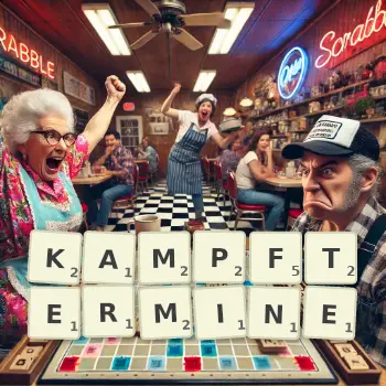 Kreative Illustration für ein Scrabble-Spiel, bei dem das Wort KAMPFTERMINE mit Steinen auf dem Brett gelegt wurde.