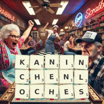 Kreative Illustration für ein Scrabble-Spiel, bei dem das Wort KANINCHENLOCHES mit Steinen auf dem Brett gelegt wurde.