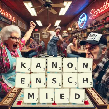 Kreative Illustration für ein Scrabble-Spiel, bei dem das Wort KANONENSCHMIED mit Steinen auf dem Brett gelegt wurde.