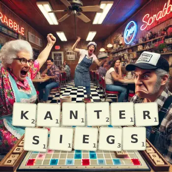 Kreative Illustration für ein Scrabble-Spiel, bei dem das Wort KANTERSIEGS mit Steinen auf dem Brett gelegt wurde.