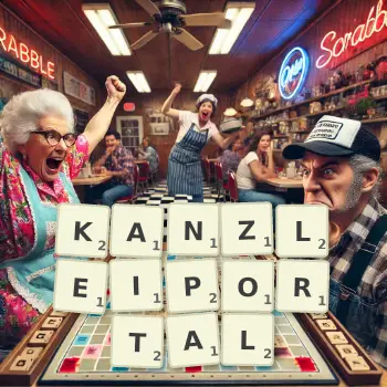 Kreative Illustration für ein Scrabble-Spiel, bei dem das Wort KANZLEIPORTAL mit Steinen auf dem Brett gelegt wurde.