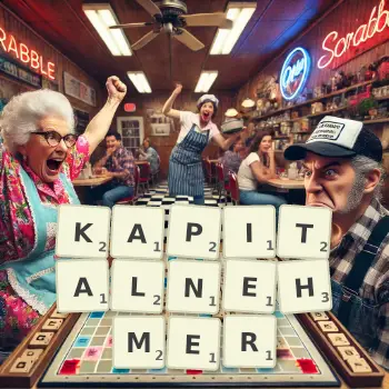 Kreative Illustration für ein Scrabble-Spiel, bei dem das Wort KAPITALNEHMER mit Steinen auf dem Brett gelegt wurde.