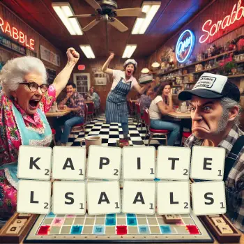 Kreative Illustration für ein Scrabble-Spiel, bei dem das Wort KAPITELSAALS mit Steinen auf dem Brett gelegt wurde.