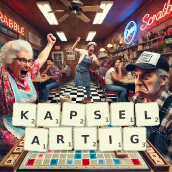 Kreative Illustration für ein Scrabble-Spiel, bei dem das Wort KAPSELARTIG mit Steinen auf dem Brett gelegt wurde.
