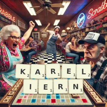 Kreative Illustration für ein Scrabble-Spiel, bei dem das Wort KARELIERN mit Steinen auf dem Brett gelegt wurde.