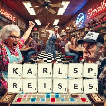 Kreative Illustration für ein Scrabble-Spiel, bei dem das Wort KARLSPREISES mit Steinen auf dem Brett gelegt wurde.