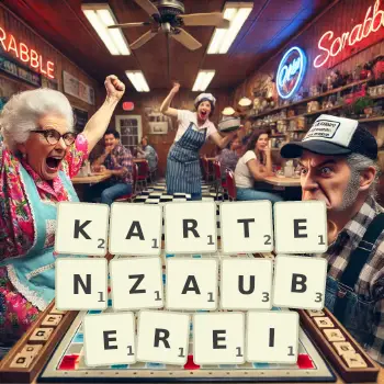Kreative Illustration für ein Scrabble-Spiel, bei dem das Wort KARTENZAUBEREI mit Steinen auf dem Brett gelegt wurde.
