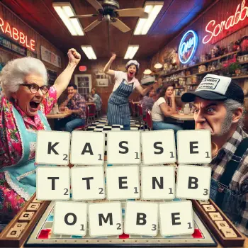 Kreative Illustration für ein Scrabble-Spiel, bei dem das Wort KASSETTENBOMBE mit Steinen auf dem Brett gelegt wurde.