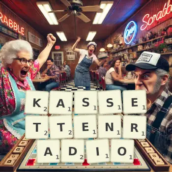 Kreative Illustration für ein Scrabble-Spiel, bei dem das Wort KASSETTENRADIO mit Steinen auf dem Brett gelegt wurde.