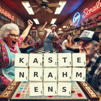 Kreative Illustration für ein Scrabble-Spiel, bei dem das Wort KASTENRAHMENS mit Steinen auf dem Brett gelegt wurde.