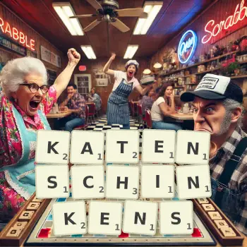Kreative Illustration für ein Scrabble-Spiel, bei dem das Wort KATENSCHINKENS mit Steinen auf dem Brett gelegt wurde.