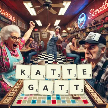 Kreative Illustration für ein Scrabble-Spiel, bei dem das Wort KATTEGATT mit Steinen auf dem Brett gelegt wurde.