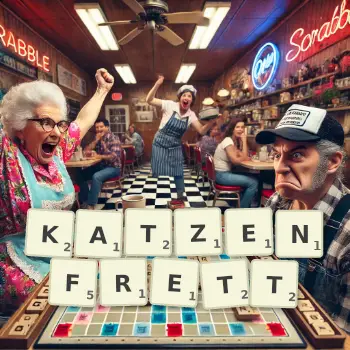 Kreative Illustration für ein Scrabble-Spiel, bei dem das Wort KATZENFRETT mit Steinen auf dem Brett gelegt wurde.