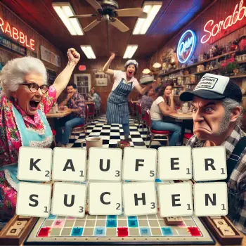 Kreative Illustration für ein Scrabble-Spiel, bei dem das Wort KAUFERSUCHEN mit Steinen auf dem Brett gelegt wurde.