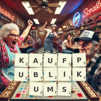Kreative Illustration für ein Scrabble-Spiel, bei dem das Wort KAUFPUBLIKUMS mit Steinen auf dem Brett gelegt wurde.
