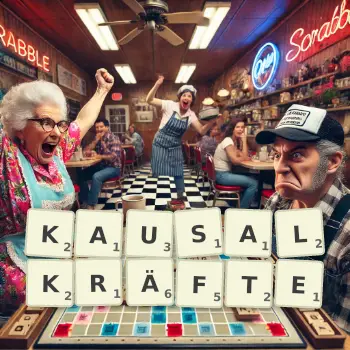 Kreative Illustration für ein Scrabble-Spiel, bei dem das Wort KAUSALKRÄFTE mit Steinen auf dem Brett gelegt wurde.