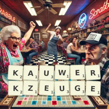 Kreative Illustration für ein Scrabble-Spiel, bei dem das Wort KAUWERKZEUGE mit Steinen auf dem Brett gelegt wurde.
