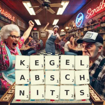 Kreative Illustration für ein Scrabble-Spiel, bei dem das Wort KEGELABSCHNITTS mit Steinen auf dem Brett gelegt wurde.