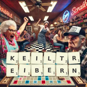 Kreative Illustration für ein Scrabble-Spiel, bei dem das Wort KEILTREIBERN mit Steinen auf dem Brett gelegt wurde.