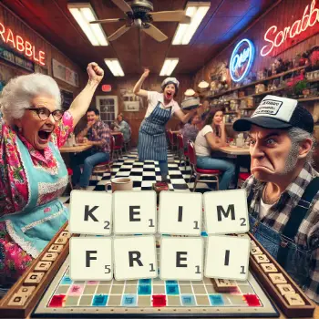 Kreative Illustration für ein Scrabble-Spiel, bei dem das Wort KEIMFREI mit Steinen auf dem Brett gelegt wurde.