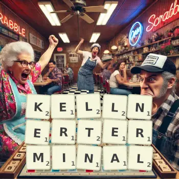 Kreative Illustration für ein Scrabble-Spiel, bei dem das Wort KELLNERTERMINAL mit Steinen auf dem Brett gelegt wurde.