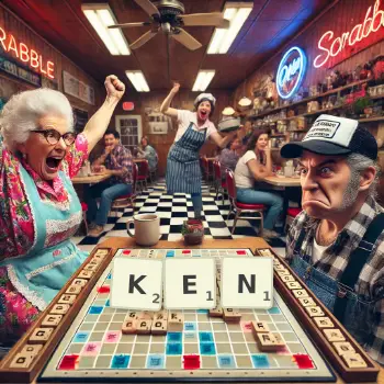Kreative Illustration für ein Scrabble-Spiel, bei dem das Wort KEN mit Steinen auf dem Brett gelegt wurde.