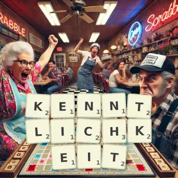 Kreative Illustration für ein Scrabble-Spiel, bei dem das Wort KENNTLICHKEIT mit Steinen auf dem Brett gelegt wurde.