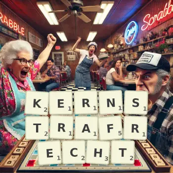 Kreative Illustration für ein Scrabble-Spiel, bei dem das Wort KERNSTRAFRECHT mit Steinen auf dem Brett gelegt wurde.