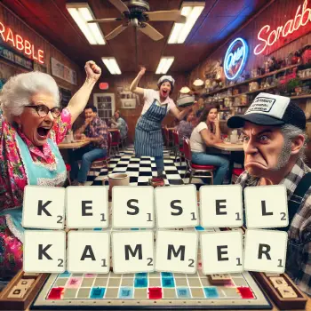 Kreative Illustration für ein Scrabble-Spiel, bei dem das Wort KESSELKAMMER mit Steinen auf dem Brett gelegt wurde.
