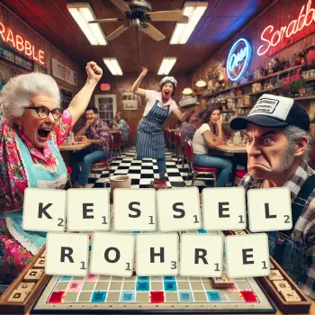 Kreative Illustration für ein Scrabble-Spiel, bei dem das Wort KESSELROHRE mit Steinen auf dem Brett gelegt wurde.