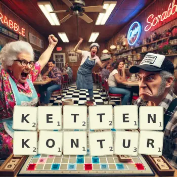 Kreative Illustration für ein Scrabble-Spiel, bei dem das Wort KETTENKONTUR mit Steinen auf dem Brett gelegt wurde.