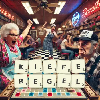 Kreative Illustration für ein Scrabble-Spiel, bei dem das Wort KIEFEREGEL mit Steinen auf dem Brett gelegt wurde.